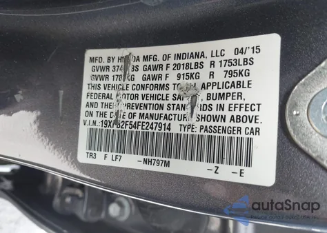 2015 Honda Civic Lx из США, поврежденный, VIN 19XFB2F54FE247914